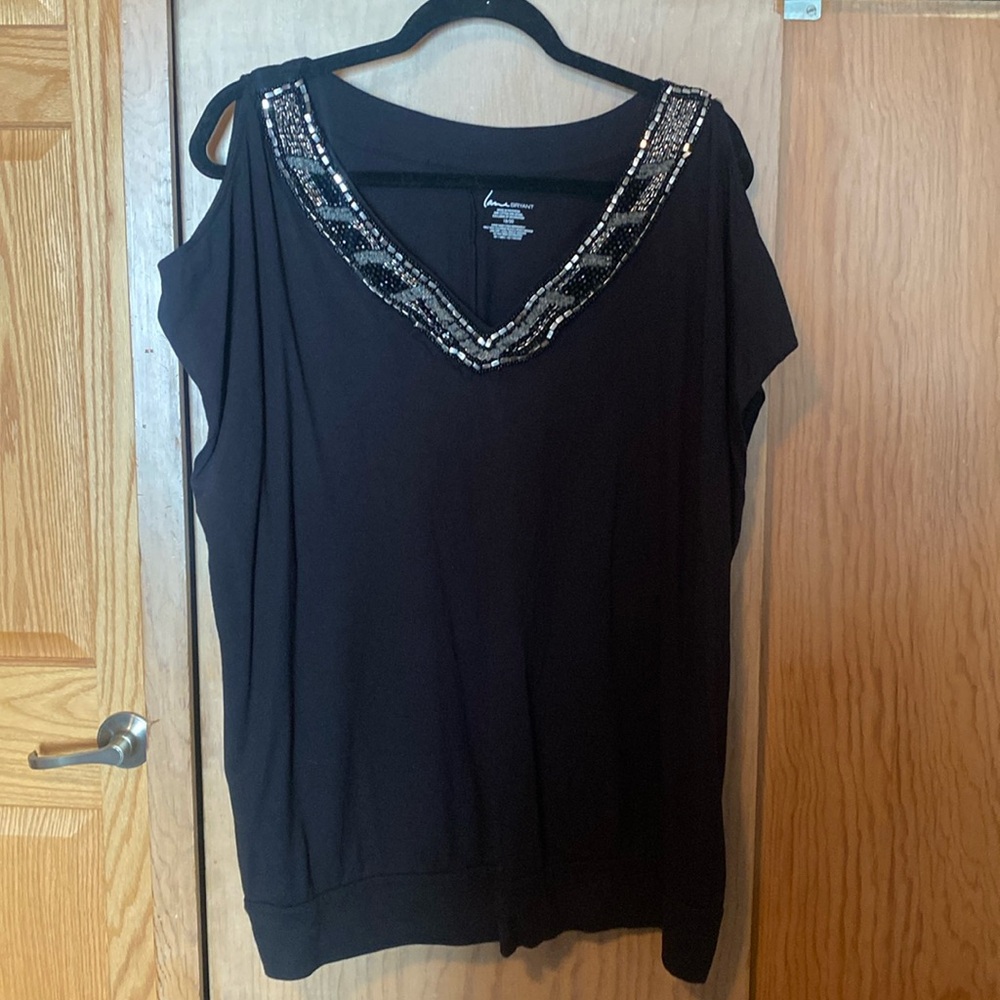 Lane Bryant Black shirt, with beaded V-neck detail, cut out sleeves, Size 18/20